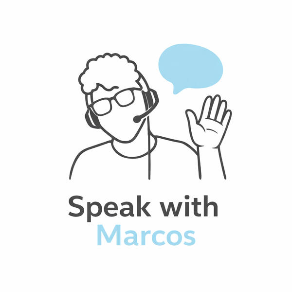 Marcos Outline of friendly professional executive English coach wearing glasses and a headset smiles and waves at the camera during an online session.